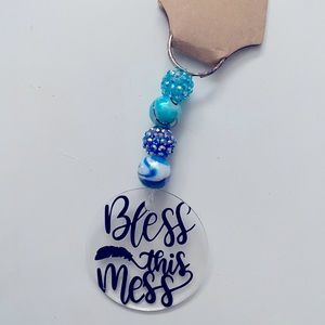 Very cute Bless This Mess Keychain with Blue Glass Beads
